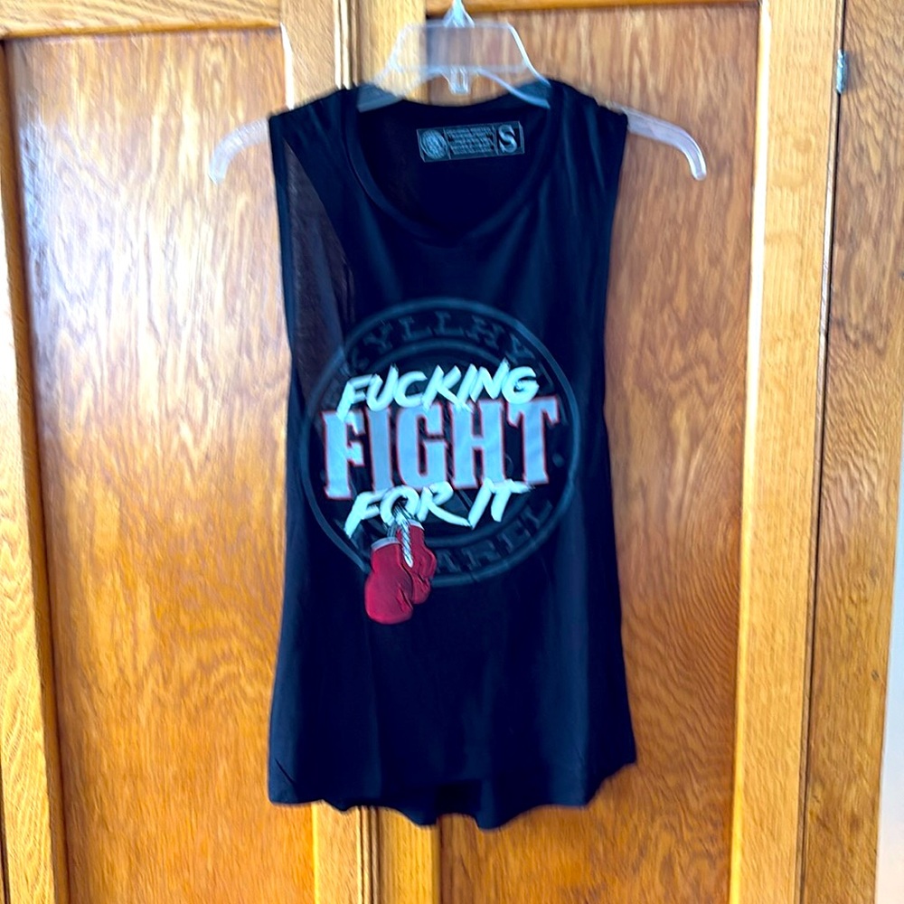 JekyllHydeApparel black muscle workout tank, women’s small, Fucking Fight for It